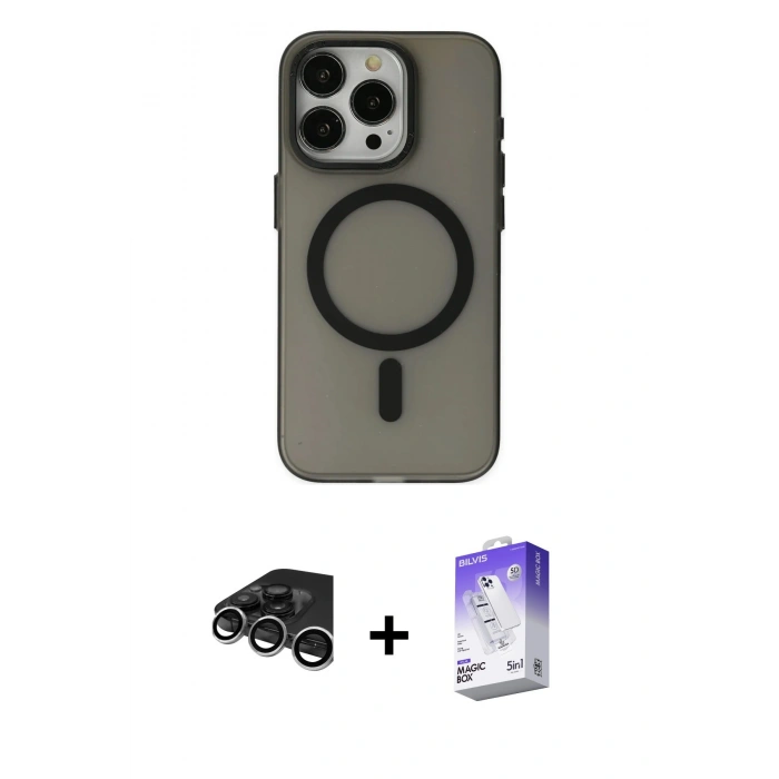 MARSİLYAN™- iPhone 15 Pro Max Kılıf Yadigar Işık - Siyah Bilvis 5in1 3D Magic Cam Ekran Koruyucu + Raze Metal Kamera Lens - GS