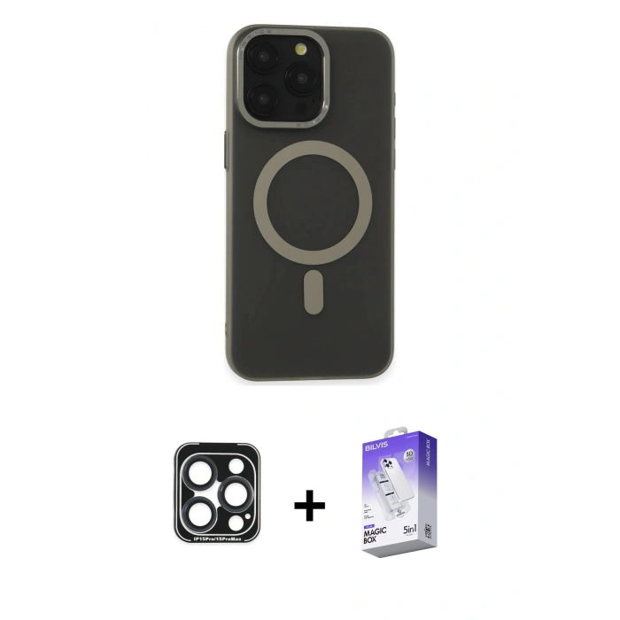 MARSİLYAN™- iPhone 15 Pro Max Kılıf Yadigar Işık - Siyah Bilvis 5in1 3D Magic Cam Ekran Koruyucu + PVD Metal Kamera Lens - LT