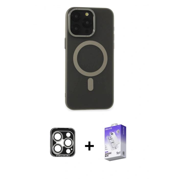 MARSİLYAN™- iPhone 15 Pro Max Kılıf Yadigar Işık - Siyah Bilvis 5in1 3D Magic Cam Ekran Koruyucu + PVD Metal Kamera Lens - GS
