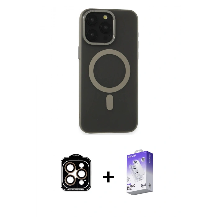 MARSİLYAN™- iPhone 15 Pro Max Kılıf Yadigar Işık - Siyah Bilvis 5in1 3D Magic Cam Ekran Koruyucu + PVD Metal Kamera Lens - TU