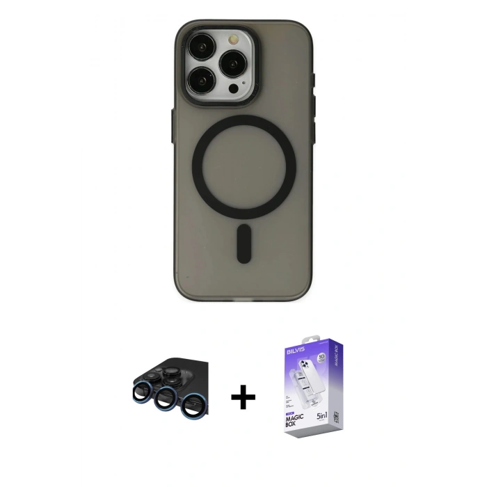 MARSİLYAN™- iPhone 15 Pro Max Kılıf Yadigar Işık - Siyah Bilvis 5in1 3D Magic Cam Ekran Koruyucu + Raze Metal Kamera Lens - LT