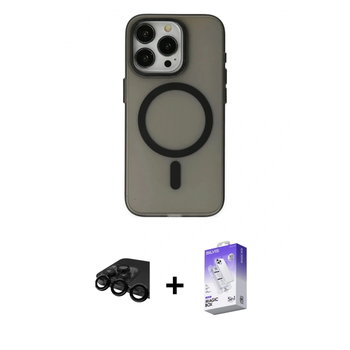 MARSİLYAN™- iPhone 15 Pro Max Kılıf Yadigar Işık - Siyah Bilvis 5in1 3D Magic Cam Ekran Koruyucu + Raze Metal Kamera Lens - SH