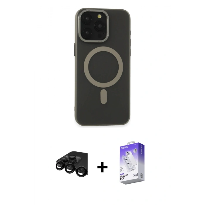 MARSİLYAN™- iPhone 15 Pro Max Kılıf Yadigar Işık - Siyah Bilvis 5in1 3D Magic Cam Ekran Koruyucu + Raze Metal Kamera Lens - SH