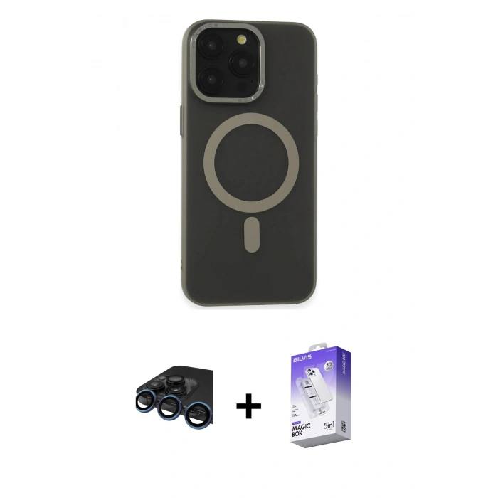 MARSİLYAN™- iPhone 15 Pro Max Kılıf Yadigar Işık - Siyah Bilvis 5in1 3D Magic Cam Ekran Koruyucu + Raze Metal Kamera Lens - LT