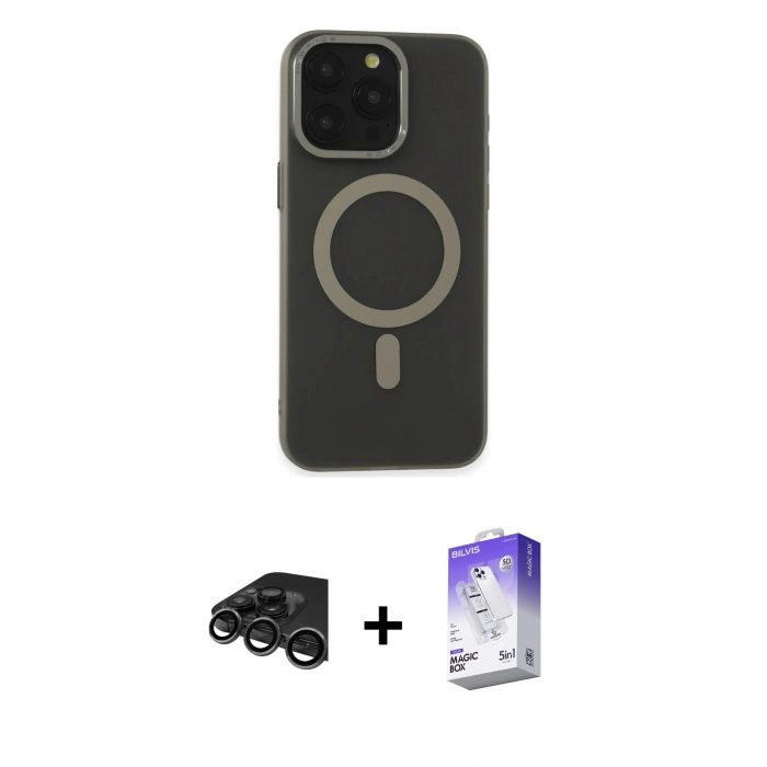 MARSİLYAN™- iPhone 15 Pro Max Kılıf Yadigar Işık - Siyah Bilvis 5in1 3D Magic Cam Ekran Koruyucu + Titanyum Gri Raze Metal Kamera Lens