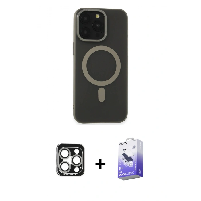 MARSİLYAN™- iPhone 15 Pro Max Kılıf Yadigar Işık - Siyah Bilvis 5in1 5D Magic Hayalet Cam Ekran Koruyucu + PVD Metal Kamera Lens - GS