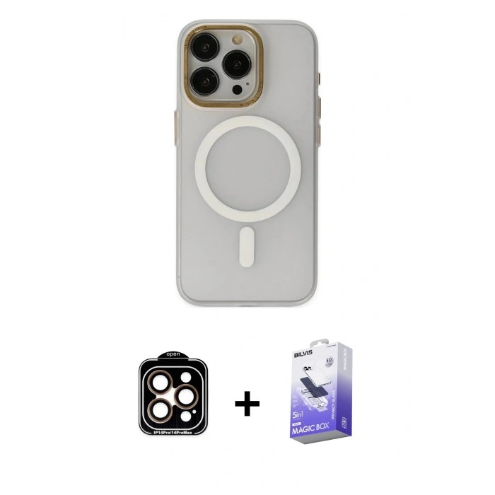 MARSİLYAN™- iPhone 15 Pro Max Kılıf Yadigar Işık - Siyah Bilvis 5in1 5D Magic Hayalet Cam Ekran Koruyucu + PVD Metal Kamera Lens - TU