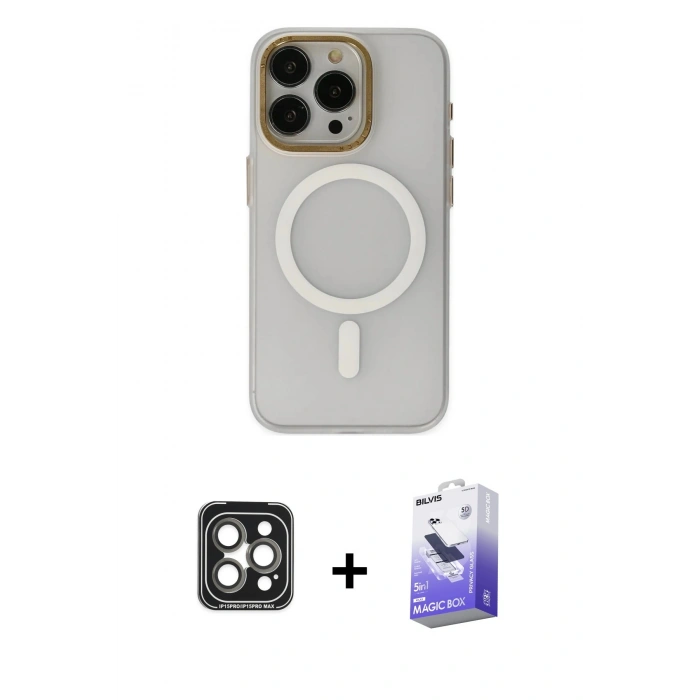 MARSİLYAN™- iPhone 15 Pro Max Kılıf Yadigar Işık - Siyah Bilvis 5in1 5D Magic Hayalet Cam Ekran Koruyucu + PVD Metal Kamera Lens - GI