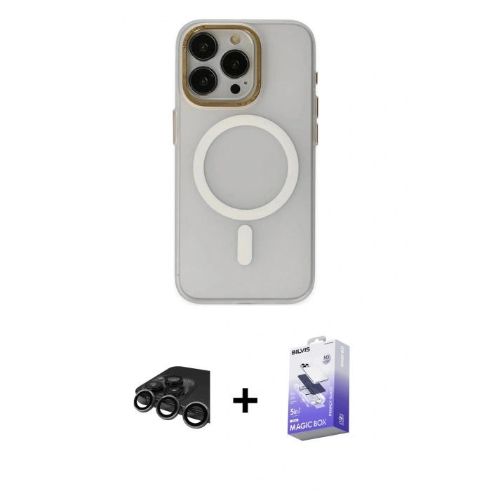 MARSİLYAN™- iPhone 15 Pro Max Kılıf Yadigar Işık - Siyah Bilvis 5in1 5D Magic Hayalet Cam Ekran Koruyucu + Raze Metal Kamera Lens - TMGI