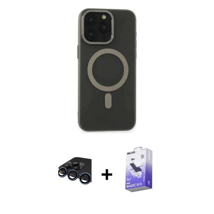 MARSİLYAN™- iPhone 15 Pro Max Kılıf Yadigar Işık - Siyah Bilvis 5in1 5D Magic Hayalet Cam Ekran Koruyucu + Lacivert Raze Metal Kamera Lens