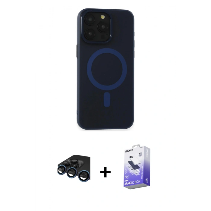 MARSİLYAN™- iPhone 15 Pro Max Kılıf Yadigar Işık - Siyah Bilvis 5in1 5D Magic Hayalet Cam Ekran Koruyucu + Lacivert Raze Metal Kamera Lens
