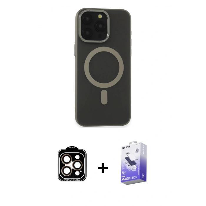 MARSİLYAN™- iPhone 15 Pro Max Kılıf Yadigar Işık - Siyah Bilvis 5in1 5D Magic Hayalet Cam Ekran Koruyucu + PVD Metal Kamera Lens - TU