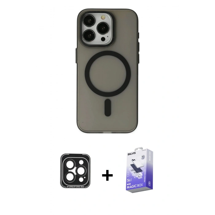 MARSİLYAN™- iPhone 15 Pro Max Kılıf Yadigar Işık - Siyah Bilvis 5in1 5D Magic Hayalet Cam Ekran Koruyucu + PVD Metal Kamera Lens - SH