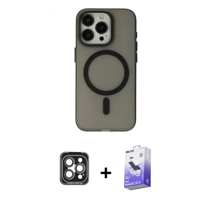 MARSİLYAN™- iPhone 15 Pro Max Kılıf Yadigar Işık - Siyah Bilvis 5in1 5D Magic Hayalet Cam Ekran Koruyucu + PVD Metal Kamera Lens - GI