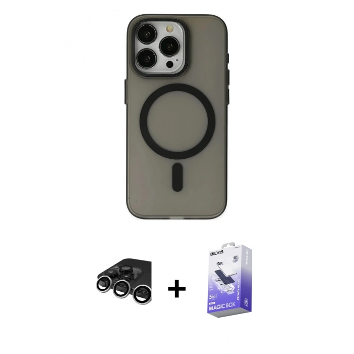MARSİLYAN™- iPhone 15 Pro Max Kılıf Yadigar Işık - Siyah Bilvis 5in1 5D Magic Hayalet Cam Ekran Koruyucu + Raze Metal Kamera Lens - GS