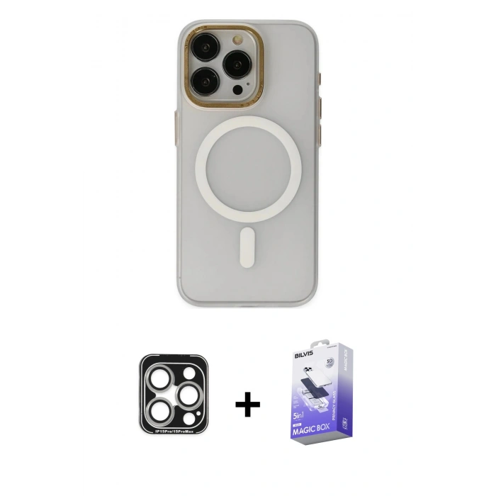 MARSİLYAN™- iPhone 15 Pro Max Kılıf Yadigar Işık - Siyah Bilvis 5in1 5D Magic Hayalet Cam Ekran Koruyucu + PVD Metal Kamera Lens - GS