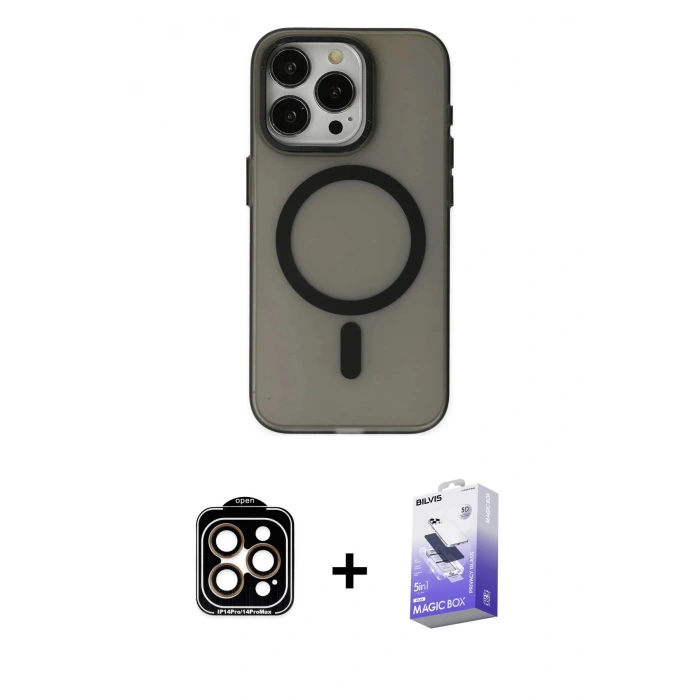 MARSİLYAN™- iPhone 15 Pro Max Kılıf Yadigar Işık - Siyah Bilvis 5in1 5D Magic Hayalet Cam Ekran Koruyucu + PVD Metal Kamera Lens - TU