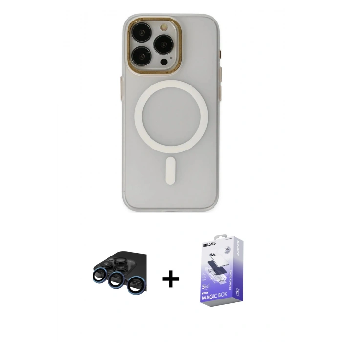 MARSİLYAN™- iPhone 15 Pro Max Kılıf Yadigar Işık - Siyah Bilvis 5in1 5D Magic Hayalet Cam Ekran Koruyucu + Lacivert Raze Metal Kamera Lens