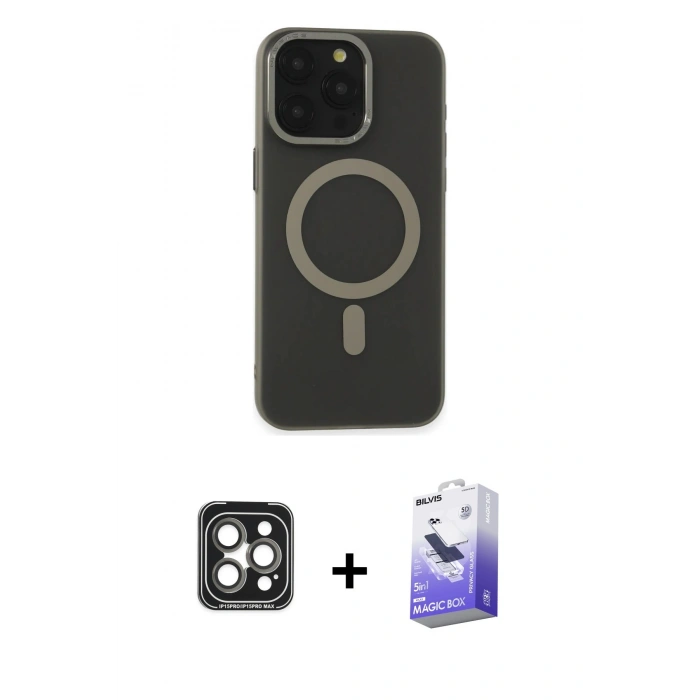 MARSİLYAN™- iPhone 15 Pro Max Kılıf Yadigar Işık - Siyah Bilvis 5in1 5D Magic Hayalet Cam Ekran Koruyucu + PVD Metal Kamera Lens - GI