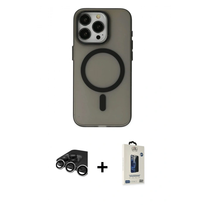 MARSİLYAN™- iPhone 15 Pro Max Kılıf Yadigar Işık - Siyah Bilvis Hayalet Cam Ekran Koruyucu + Raze Metal Kamera Lens - GS