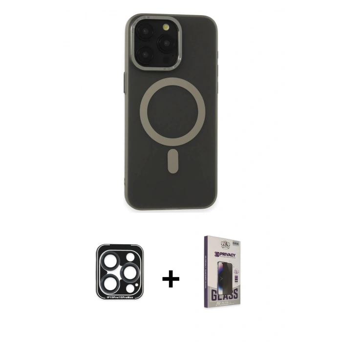 MARSİLYAN™- iPhone 15 Pro Max Kılıf Yadigar Işık - Siyah Bilvis Hayalet Cam Ekran Koruyucu + PVD Metal Kamera Lens - LT