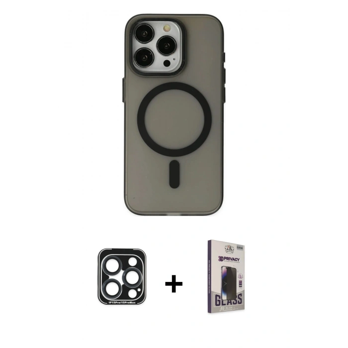 MARSİLYAN™- iPhone 15 Pro Max Kılıf Yadigar Işık - Siyah Bilvis Hayalet Cam Ekran Koruyucu + PVD Metal Kamera Lens - LT
