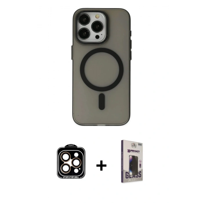 MARSİLYAN™- iPhone 15 Pro Max Kılıf Yadigar Işık - Siyah Bilvis Hayalet Cam Ekran Koruyucu + PVD Metal Kamera Lens - TU