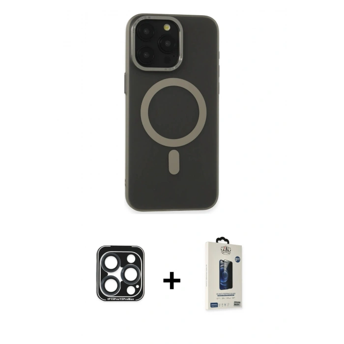 MARSİLYAN™- iPhone 15 Pro Max Kılıf Yadigar Işık - Siyah Bilvis Hayalet Cam Ekran Koruyucu + PVD Metal Kamera Lens - LT
