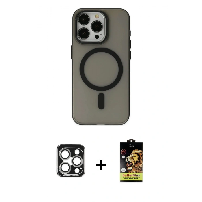 MARSİLYAN™- iPhone 15 Pro Max Kılıf Yadigar Işık - Siyah Buffer Cam Ekran Koruyucu + PVD Metal Kamera Lens - GS
