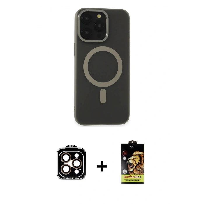 MARSİLYAN™- iPhone 15 Pro Max Kılıf Yadigar Işık - Siyah Buffer Cam Ekran Koruyucu + PVD Metal Kamera Lens - TU