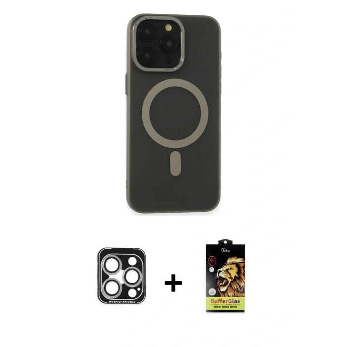 MARSİLYAN™- iPhone 15 Pro Max Kılıf Yadigar Işık - Siyah Buffer Cam Ekran Koruyucu + PVD Metal Kamera Lens - GS