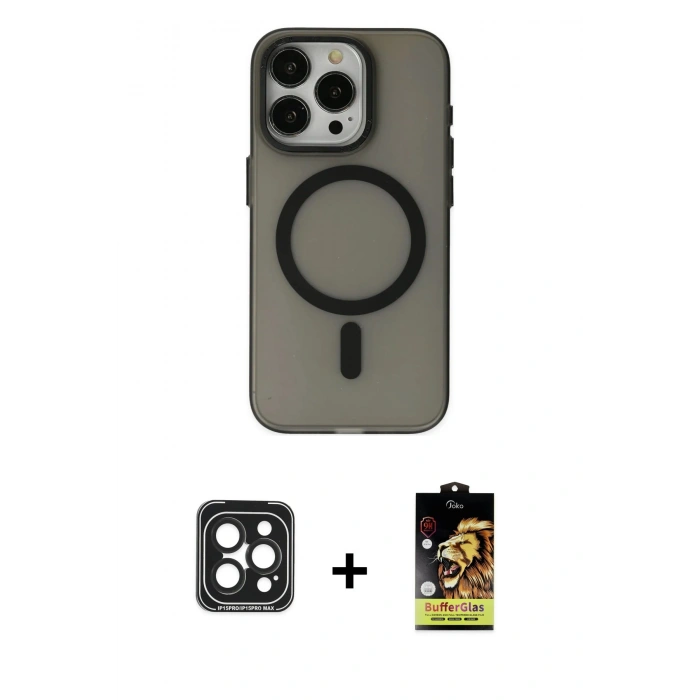 MARSİLYAN™- iPhone 15 Pro Max Kılıf Yadigar Işık - Siyah Buffer Cam Ekran Koruyucu + PVD Metal Kamera Lens - SH