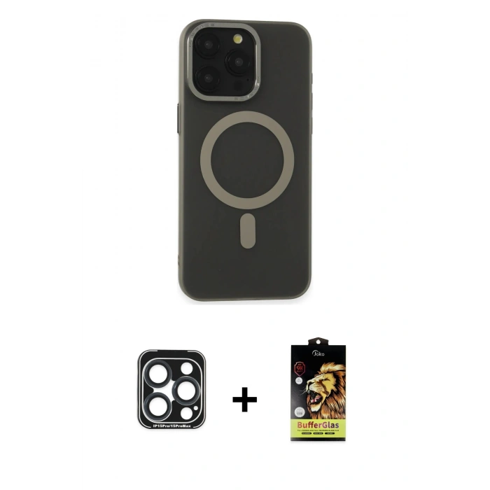 MARSİLYAN™- iPhone 15 Pro Max Kılıf Yadigar Işık - Siyah Buffer Cam Ekran Koruyucu + PVD Metal Kamera Lens - LT