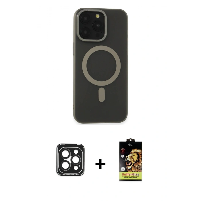 MARSİLYAN™- iPhone 15 Pro Max Kılıf Yadigar Işık - Siyah Buffer Cam Ekran Koruyucu + PVD Metal Kamera Lens - SH