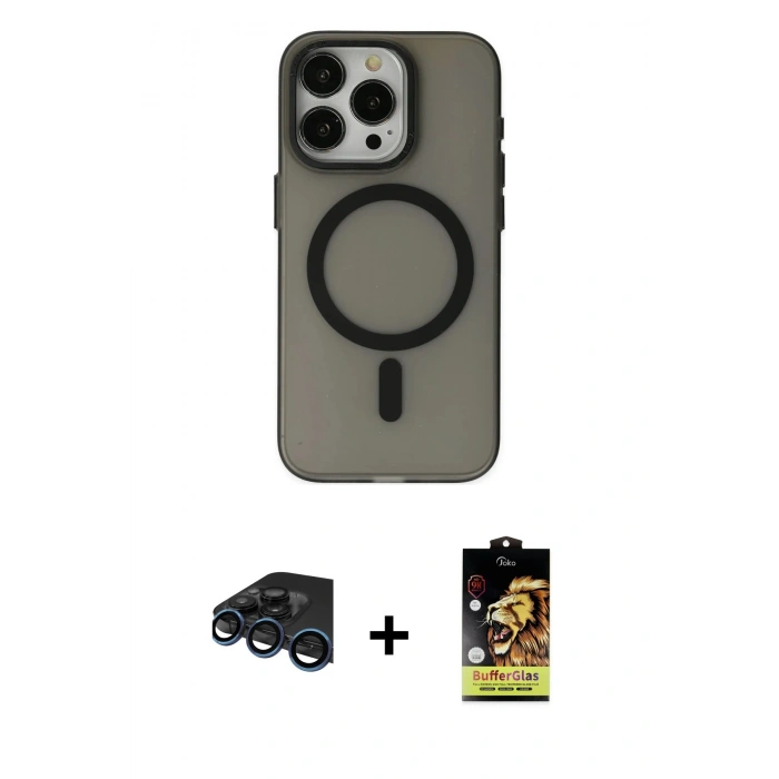 MARSİLYAN™- iPhone 15 Pro Max Kılıf Yadigar Işık - Siyah Buffer Cam Ekran Koruyucu + Raze Metal Kamera Lens - LT