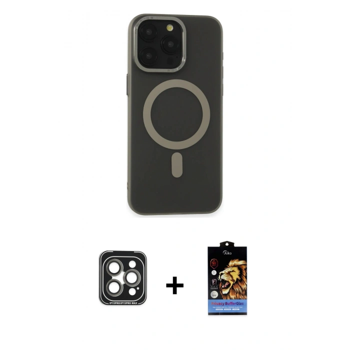 MARSİLYAN™- iPhone 15 Pro Max Kılıf Yadigar Işık - Siyah Buffer Hayalet Cam Ekran Koruyucu + PVD Metal Kamera Lens - GI
