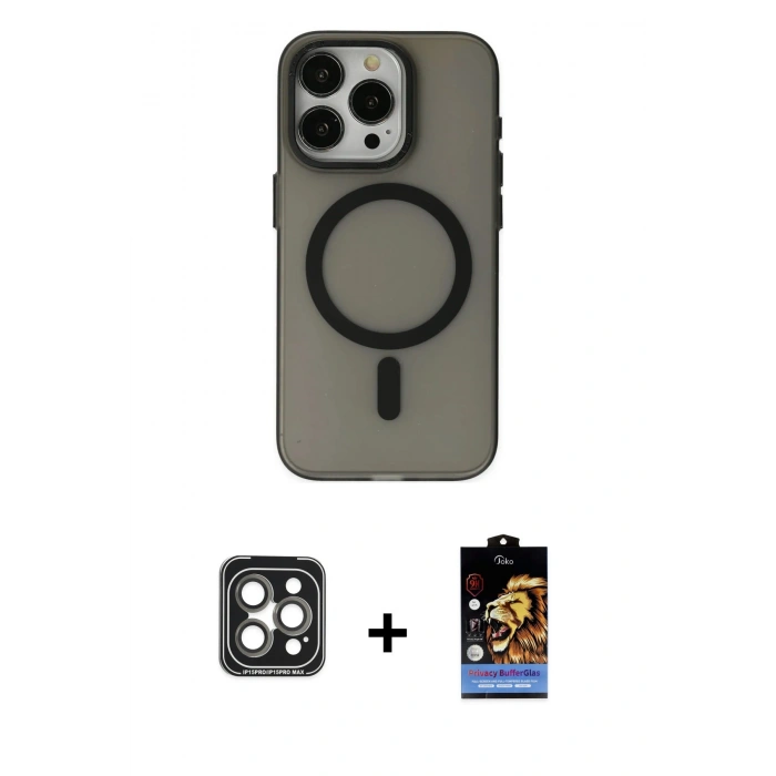 MARSİLYAN™- iPhone 15 Pro Max Kılıf Yadigar Işık - Siyah Buffer Hayalet Cam Ekran Koruyucu + PVD Metal Kamera Lens - GI