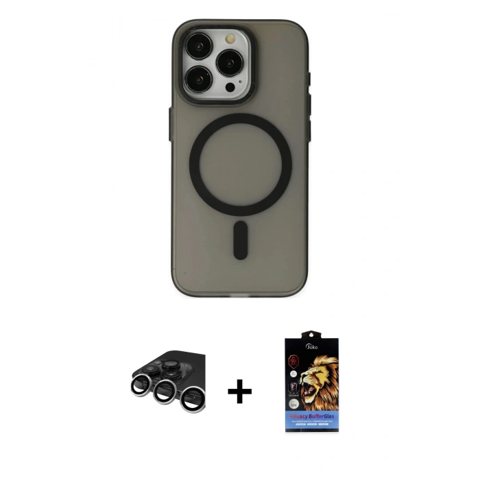 MARSİLYAN™- iPhone 15 Pro Max Kılıf Yadigar Işık - Siyah Buffer Hayalet Cam Ekran Koruyucu + Raze Metal Kamera Lens - GS