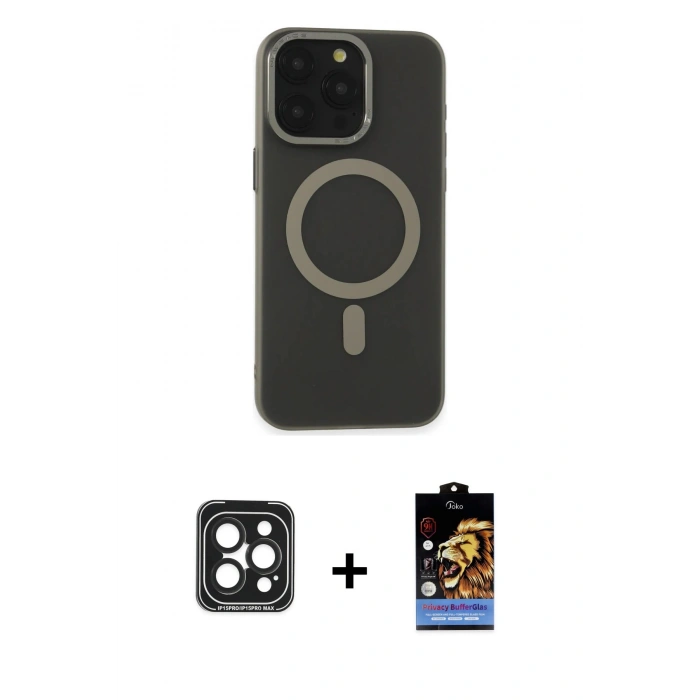 MARSİLYAN™- iPhone 15 Pro Max Kılıf Yadigar Işık - Siyah Buffer Hayalet Cam Ekran Koruyucu + PVD Metal Kamera Lens - SH