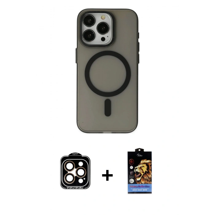 MARSİLYAN™- iPhone 15 Pro Max Kılıf Yadigar Işık - Siyah Buffer Hayalet Cam Ekran Koruyucu + PVD Metal Kamera Lens - TU