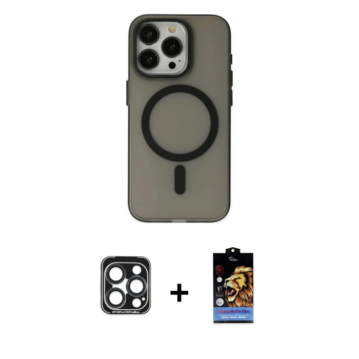 MARSİLYAN™- iPhone 15 Pro Max Kılıf Yadigar Işık - Siyah Buffer Hayalet Cam Ekran Koruyucu + PVD Metal Kamera Lens - LT