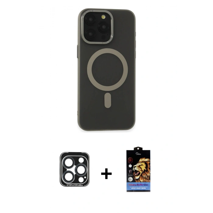 MARSİLYAN™- iPhone 15 Pro Max Kılıf Yadigar Işık - Siyah Buffer Hayalet Cam Ekran Koruyucu + PVD Metal Kamera Lens - LT