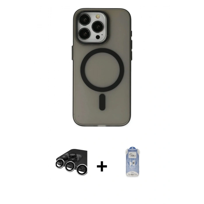 MARSİLYAN™- iPhone 15 Pro Max Kılıf Yadigar Işık - Siyah Joko Magic 5D Cam + Gümüş Raze Metal Kamera Lens