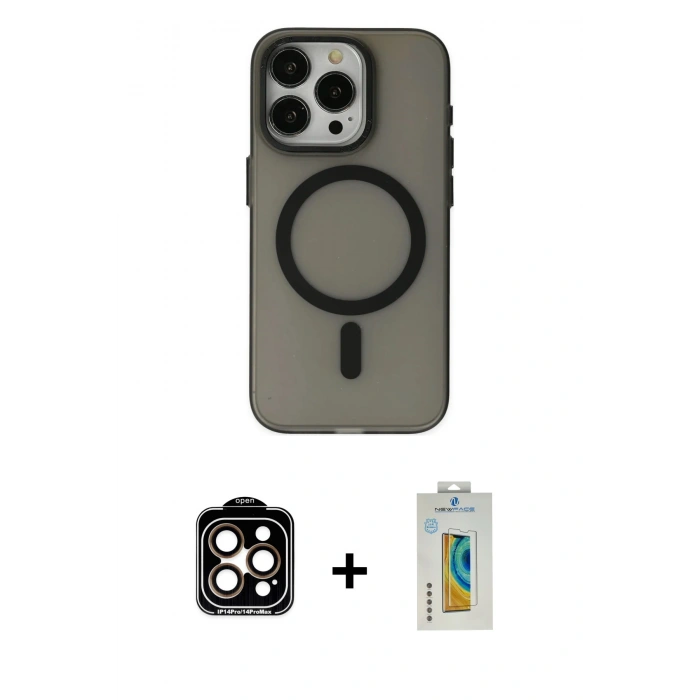 MARSİLYAN™- iPhone 15 Pro Max Kılıf Yadigar Işık - Siyah Polymer Nano Ekran Koruyucu + Turuncu PVD Metal Kamera Lens