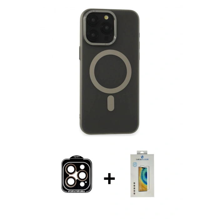 MARSİLYAN™- iPhone 15 Pro Max Kılıf Yadigar Işık - Siyah Polymer Nano Ekran Koruyucu + Turuncu PVD Metal Kamera Lens
