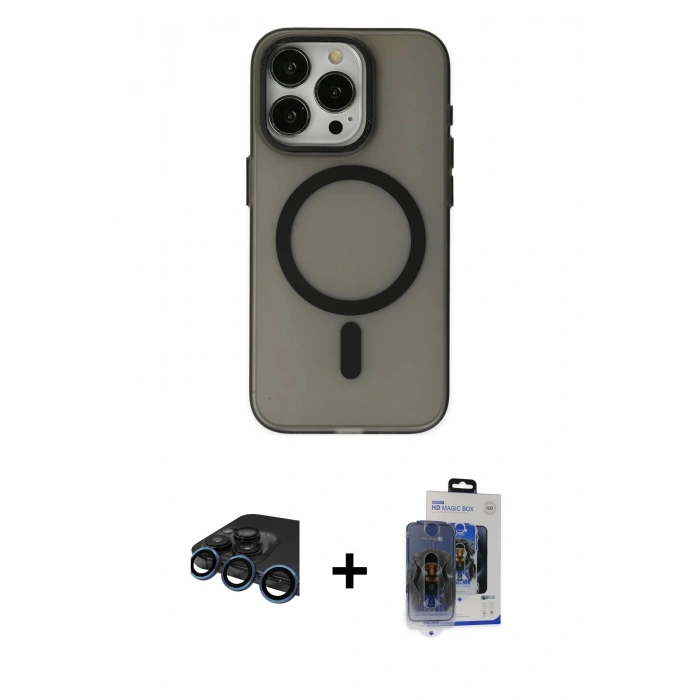 MARSİLYAN™- iPhone 15 Pro Max Kılıf Yadigar Işık - Siyah Vanessa Magic Cam + Raze Metal Kamera Lens - LT