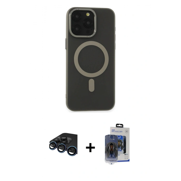MARSİLYAN™- iPhone 15 Pro Max Kılıf Yadigar Işık - Siyah Vanessa Magic Cam + Raze Metal Kamera Lens - LT