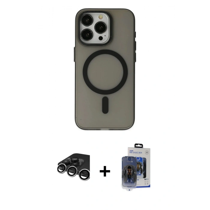 MARSİLYAN™- iPhone 15 Pro Max Kılıf Yadigar Işık - Siyah Vanessa Magic Cam + Raze Metal Kamera Lens - GS
