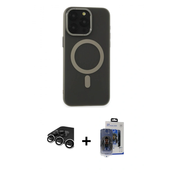 MARSİLYAN™- iPhone 15 Pro Max Kılıf Yadigar Işık - Siyah Vanessa Magic Cam + Raze Metal Kamera Lens - GS