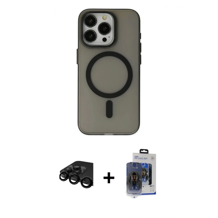 MARSİLYAN™- iPhone 15 Pro Max Kılıf Yadigar Işık - Siyah Vanessa Magic Cam + Raze Metal Kamera Lens - SH